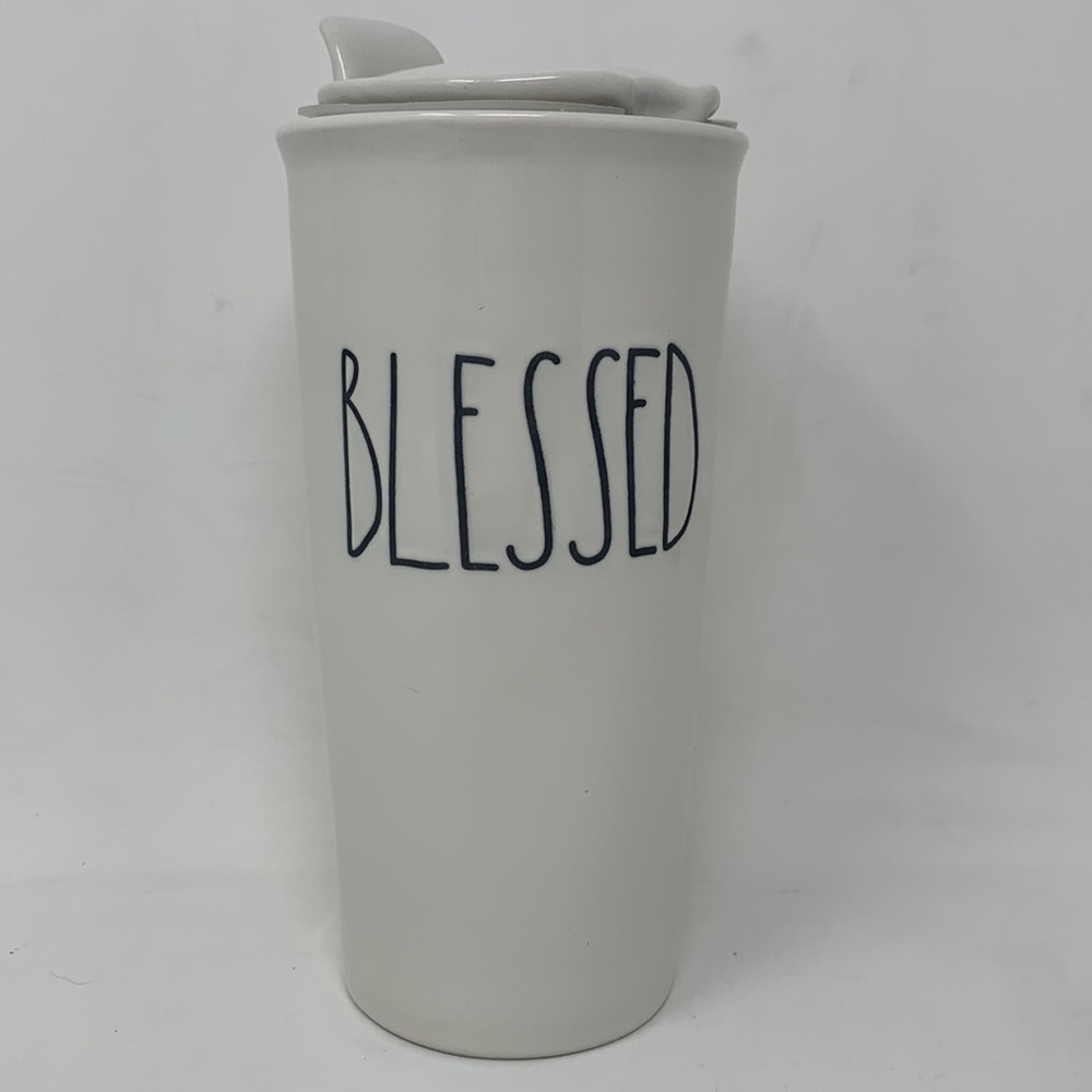 Rae Dunn Blessed White Ceramic Coffee Tea Travel Mug Tumbler with Lid Farmhouse